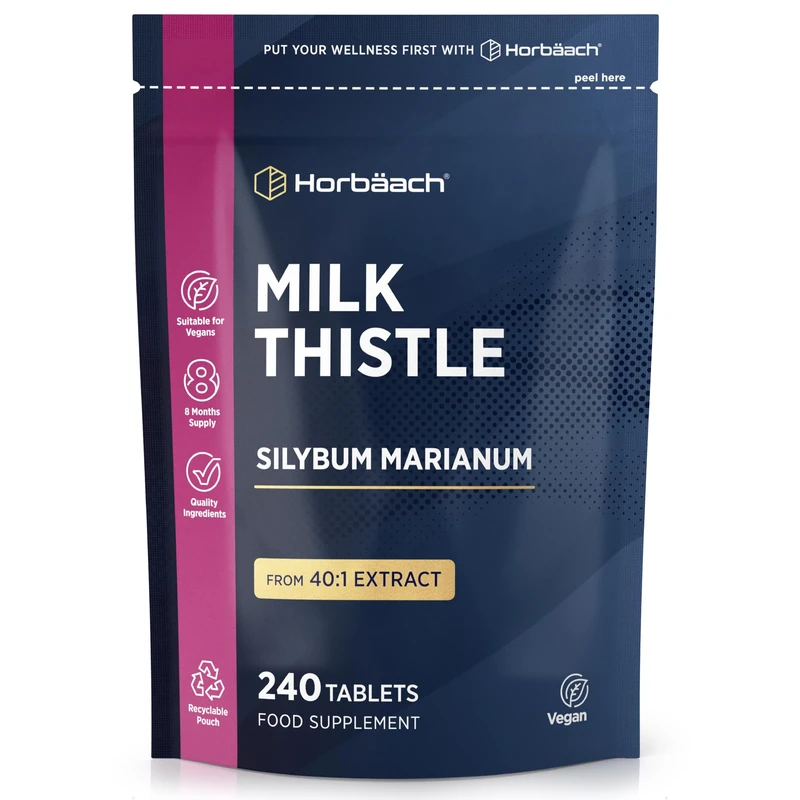Milk Thistle Tablets | High Strength 240 Vegan Tablets | 8-Month Supply | Silybum Marianum Extract | Recyclable & Resealable Pouch | by Horbaach