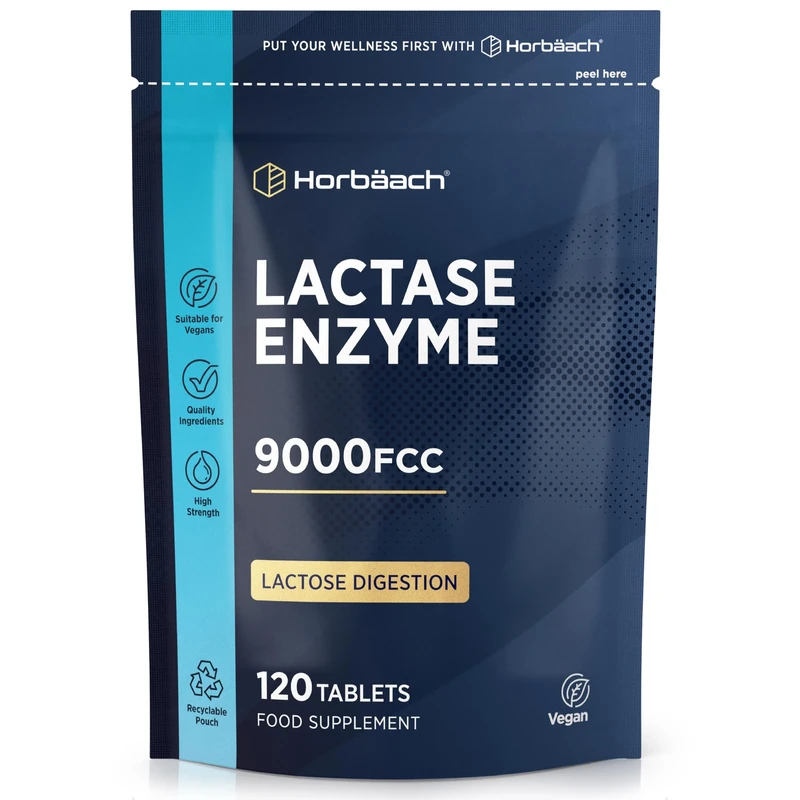 Lactase Enzyme Tablets 9000 FCC | Lactose Digestion | 120 High Strength Vegan Tablets | Food Supplement | by Horbaach