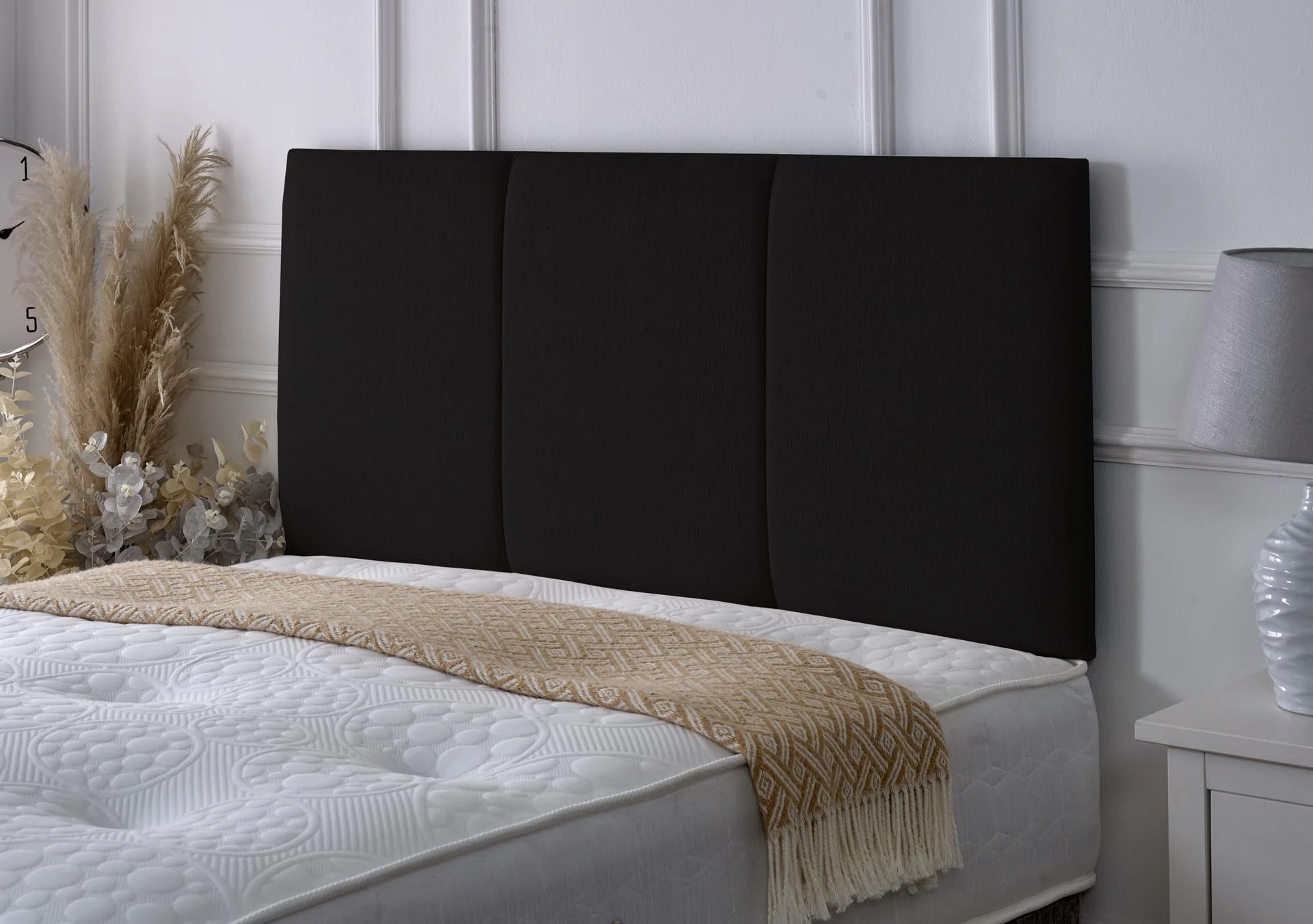 Alton Padded Paneled Divan Bed Headboard | Chenille Fabric Headboards for 3ft single bed Frame | Elegant design with wooden material headboards for beds (Black,3ft Single Height-20inch)