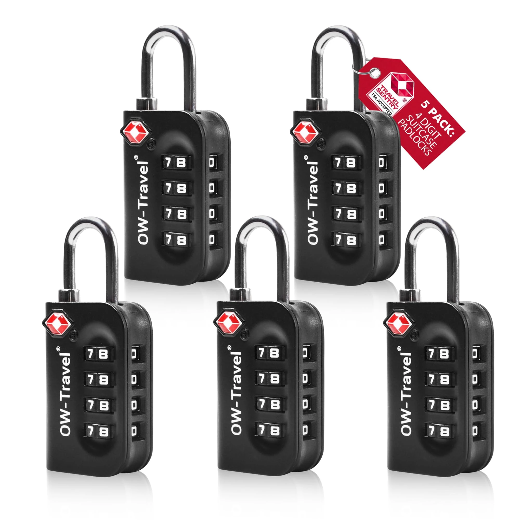 OW-Travel TSA Approved Luggage Locks Suitcase Locks (5 Pack Black) 4 Digit Security Suitcase Padlock. Travel Bag Combination Luggage Padlocks for Suitcases. TSA Travel Lock for Bags and Cases