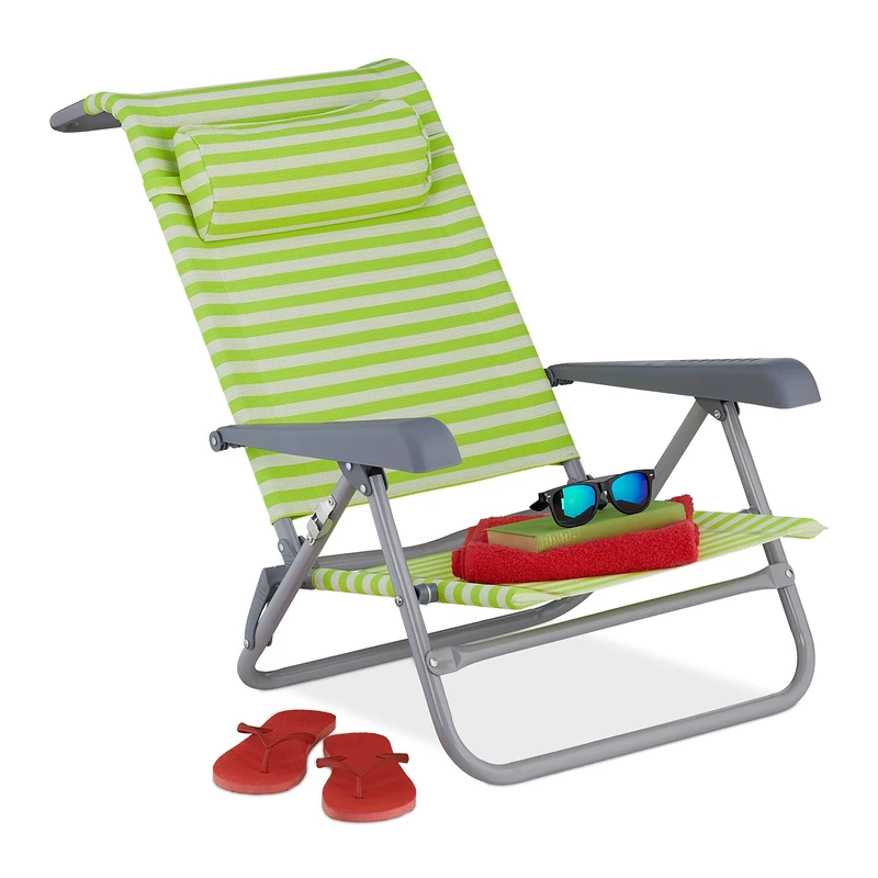 Relaxdays reclining beach chair, sun lounger, headrest, adjustable, folding, armrest & bottle opener, green/white, Steel, 1 item