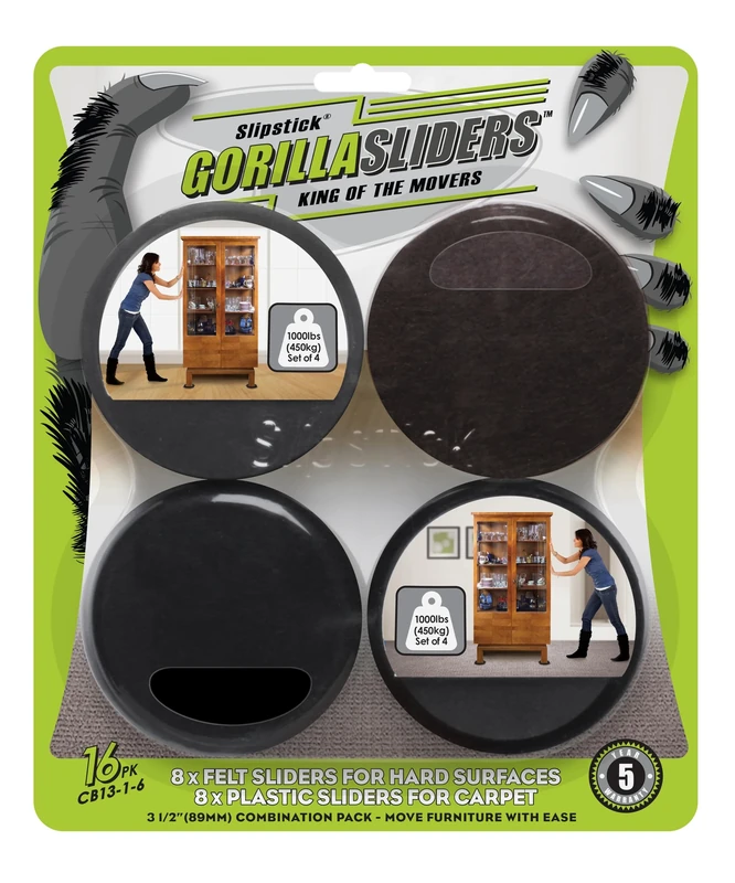 Slipstick Premium Furniture Sliders for All Floor Surfaces (16 Piece Moving Kit) Reusable 3.5” Round Furniture Movers for Sliding Furniture on Hardwood & Carpet, Black, CB13-1-16