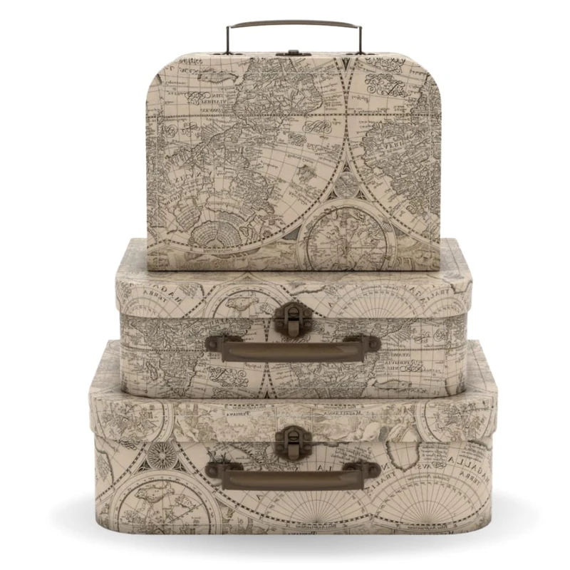 Soul & Lane Cardboard Decorative Storage Boxes with Lids: Set of 3 Travel Decor Themed Gifts, Mini Vintage Suitcases, World Travel Boxes with Map Decorations, Scrapbook Storage Boxes