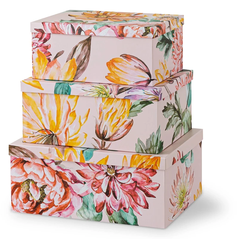 Soul & Lane Sturdy Decorative Cardboard Storage Boxes with Lid for Home Decor | Beauty in Bloom - Set of 3 | Cardboard Boxes for Cards, Envelopes, Pictures