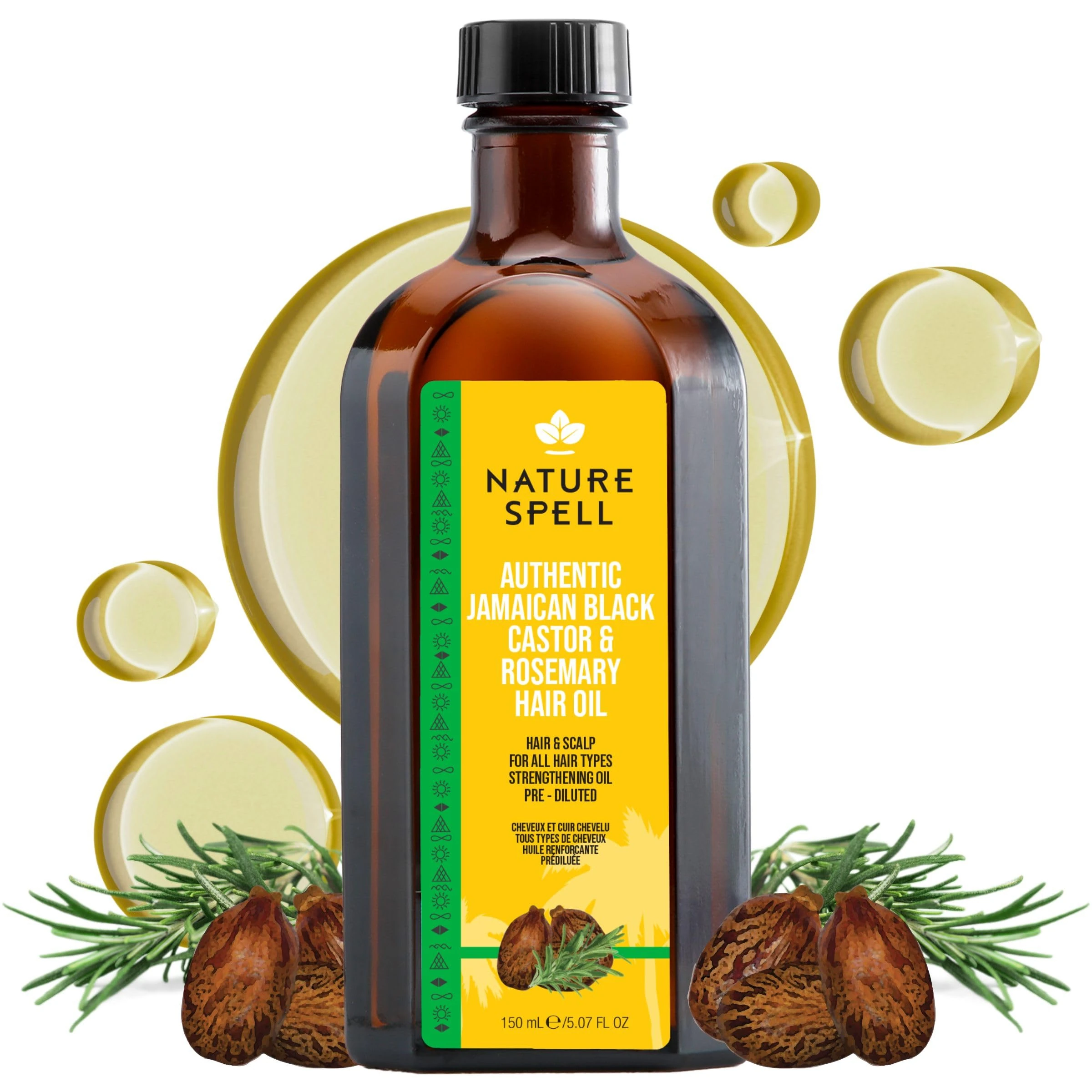 Nature Spell Jamaican Black Castor and Rosemary Oil Blend for Hair & Scalp, Pre-Diluted Oil to Strengthen Roots and Smooth Strands, For All Hair Types, Vegan, 150ml