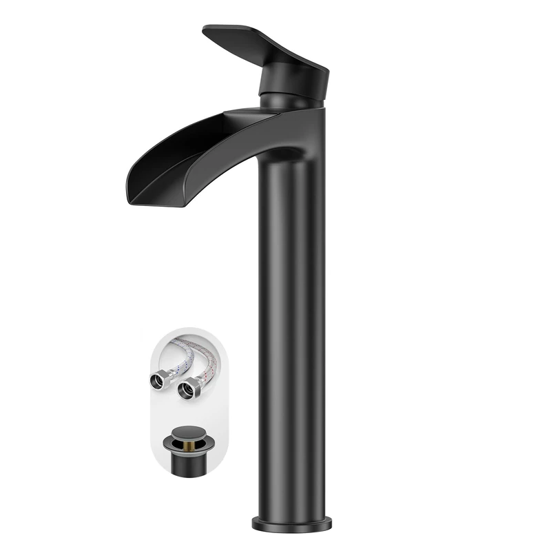 phiestina Matte Black Bathroom Faucet, Waterfall Single Hole Single Handle Vessel Sink Faucet, with Metal Pop Up Drain and Water Supply Lines, NS-SF01-MB-V