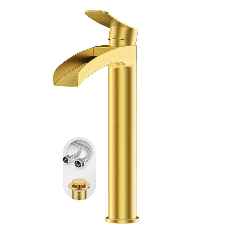 Waterfall Bathroom Faucet Mixer Tap for Vessel Sink Bath Tap Brushed Gold Single Handle 1 Hole by Phiestina, with Pop Up Drain and Water Hoses, NS-SF01-BG-V