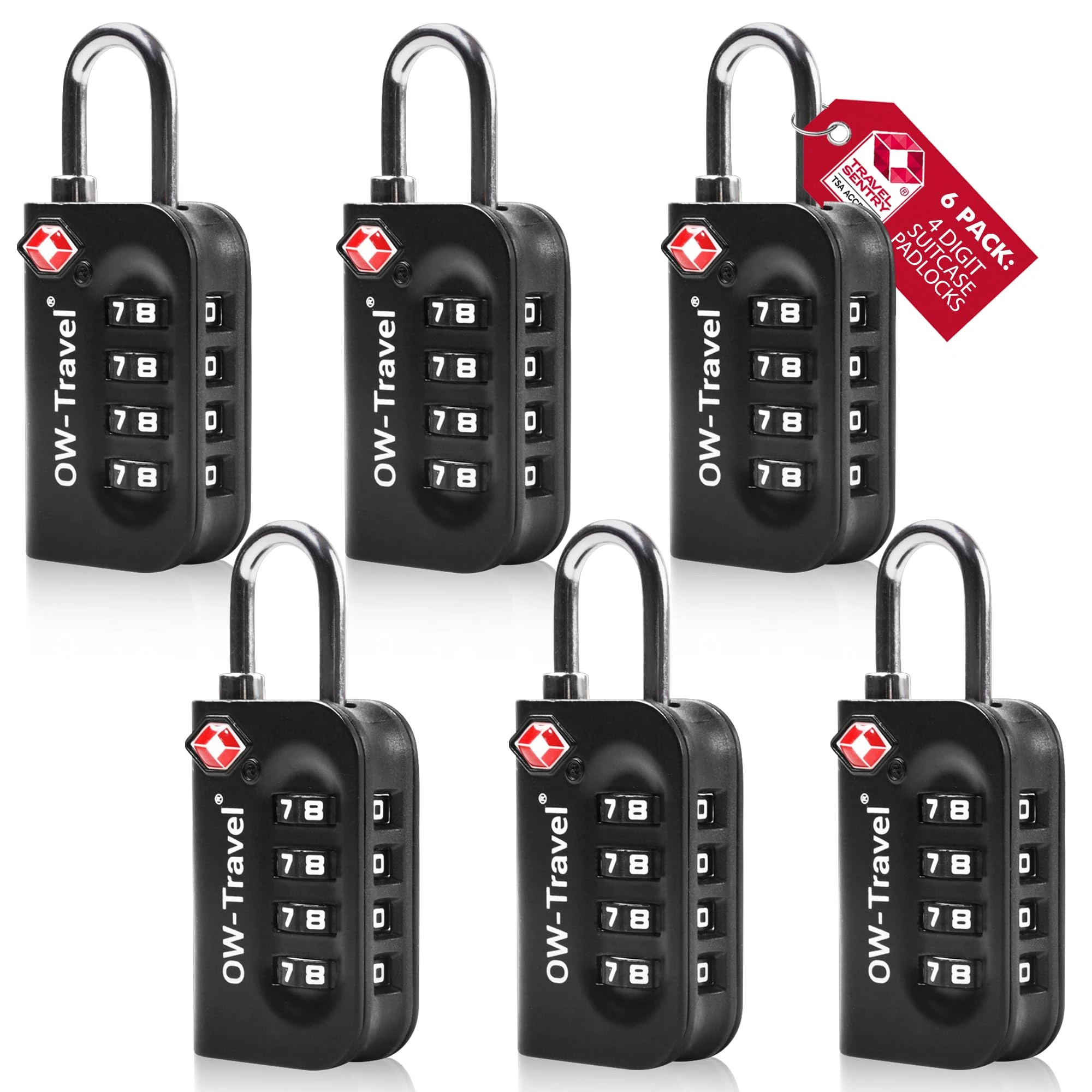 OW-Travel TSA Approved Luggage Locks Suitcase Locks (6 Pack Black) 4 Digit Security Suitcase Padlock. Travel Bag Combination Luggage Padlocks for Suitcases. TSA Travel Lock for Bags and Cases