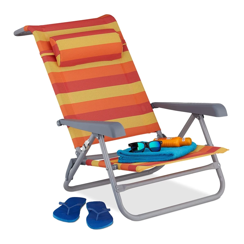 Relaxdays reclining beach chair, sun lounger, headrest, adjustable, folding, armrest & bottle opener, yellow/red/orange, Steel, 1 item - Image 1