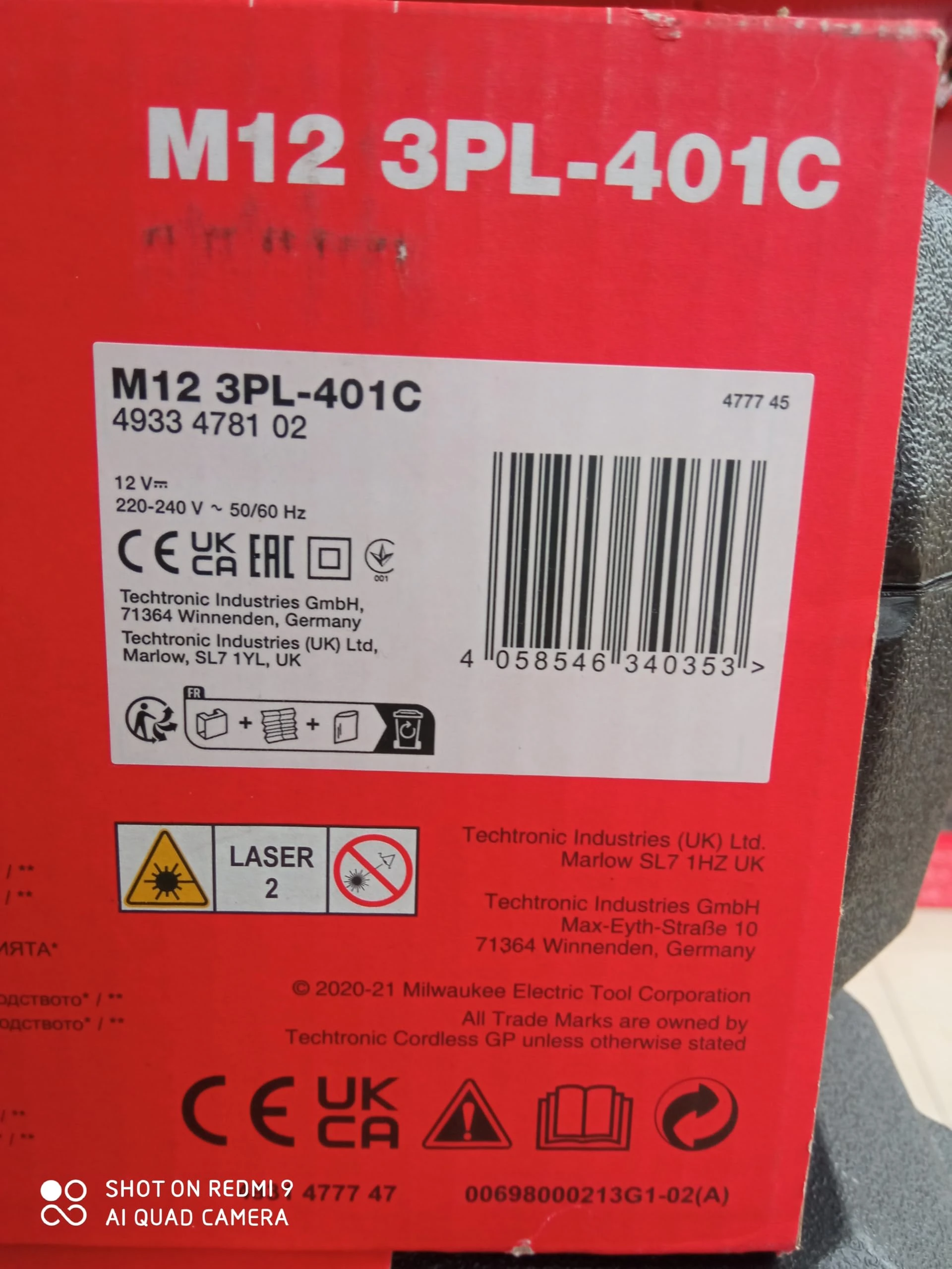 Milwaukee M123PL-401C Green Laser Level 3 Plane 1-12v-4Ah Lithium