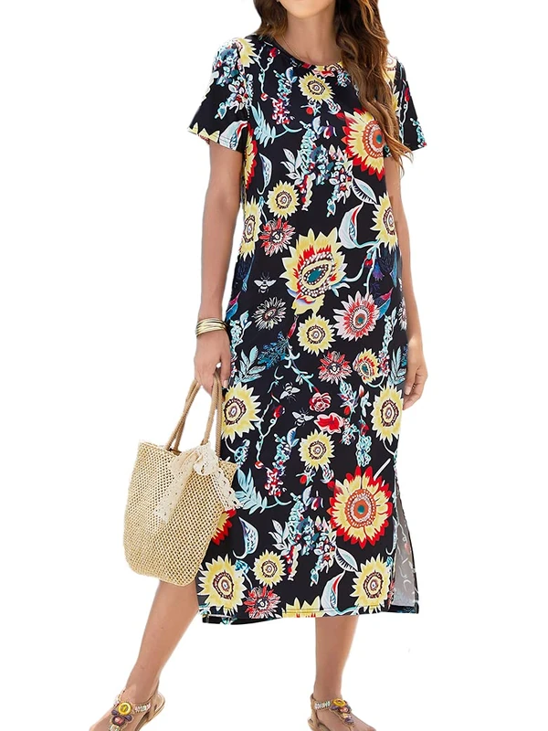 Naggoo Women's Short Sleeve Split Maxi Dress Casual Plain Tie Dye Print Tshirt Long Dresses with Pockets Black Floral