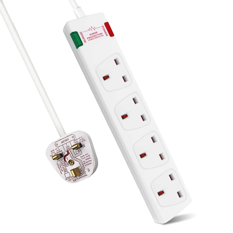 EXTRASTAR 4-Way Lead - 13A 3120W Surge Protect, 1M Cord, White