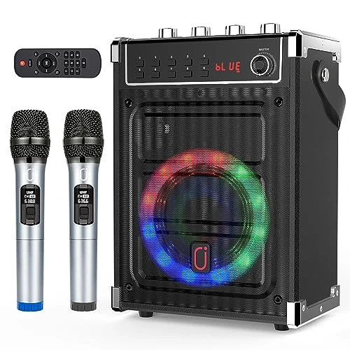 JYX Karaoke Machine with 2 Wireless Microphones, Bluetooth Speaker with Bass/Treble/Echo Adjustment & LED Light, Support TWS, AUX In, FM, REC, Supply for Party/Adults
