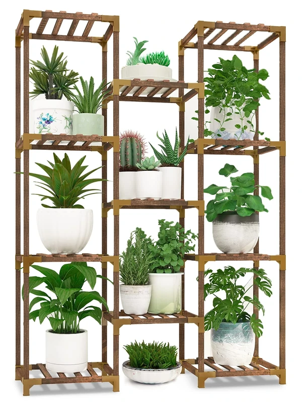 HOMKIRT Plant Stand Indoor Outdoor, 11 Tier Reinforced Plant Shelf Tall for Multiple Plants, Large Wood Plant Rack Holder, Garden Shelves, Flower Stand for Living Room Patio Corner