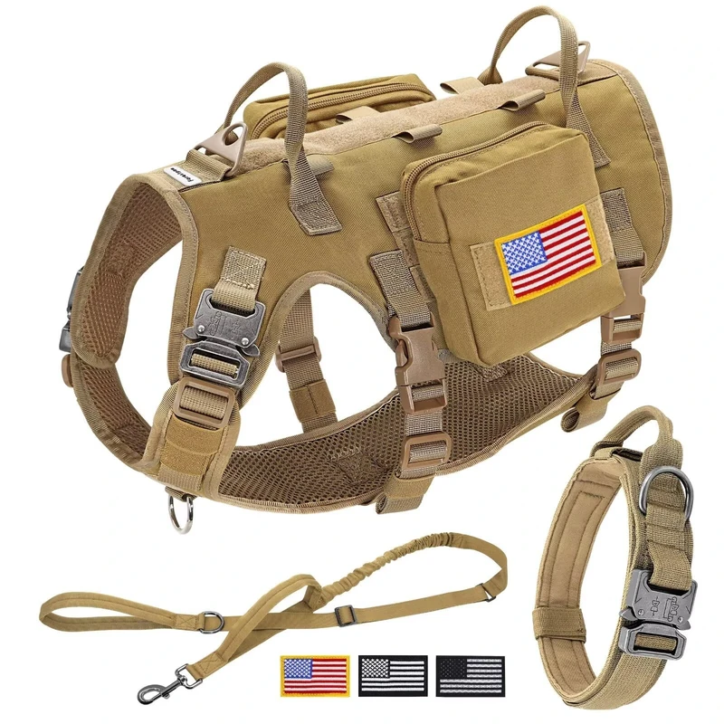 Forestpaw Tactical Dog Vest Harness & Military Dog Collar w/ Bungee Leash Set - No Pull Control - Backpack - Coyote Brown M/L