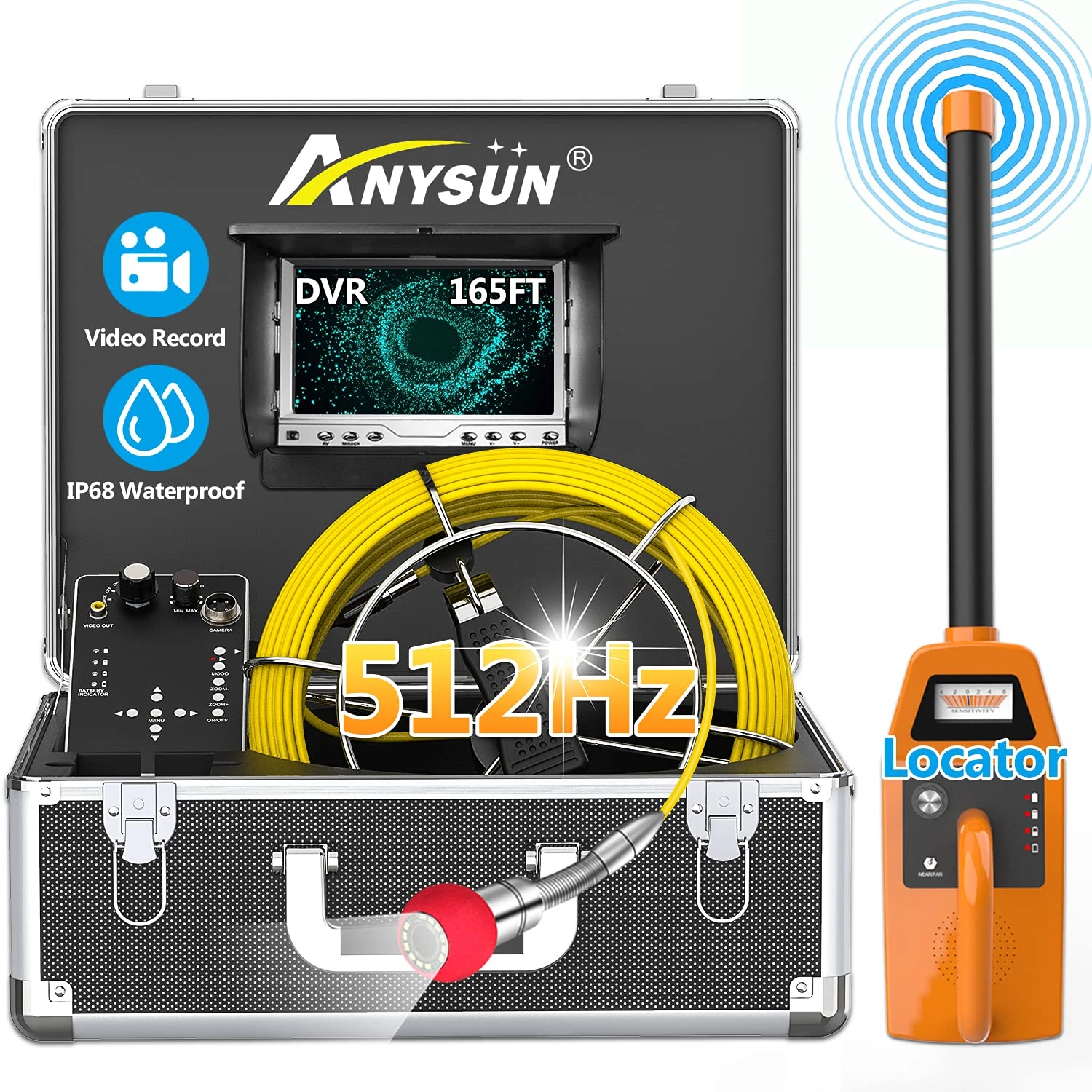 Anysun 165ft Pipe Video Inspection Camera with 512Hz Sonde and Receiver, Waterproof Drain Plumbing Camera Snake with 7' LCD Monitor DVR Recorder (8GB SD Card Included)