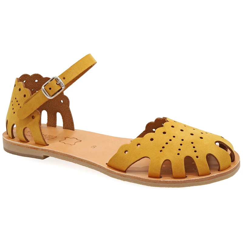 Size 3 Mustard Emmanuela Ancient Greek Style Sandals, Handmade Leather Closed Toe Flat Sandals, Quality Adjustable Sandals, Ankle Strap Summer Shoes for Women, Boho Chic Caged Sandals