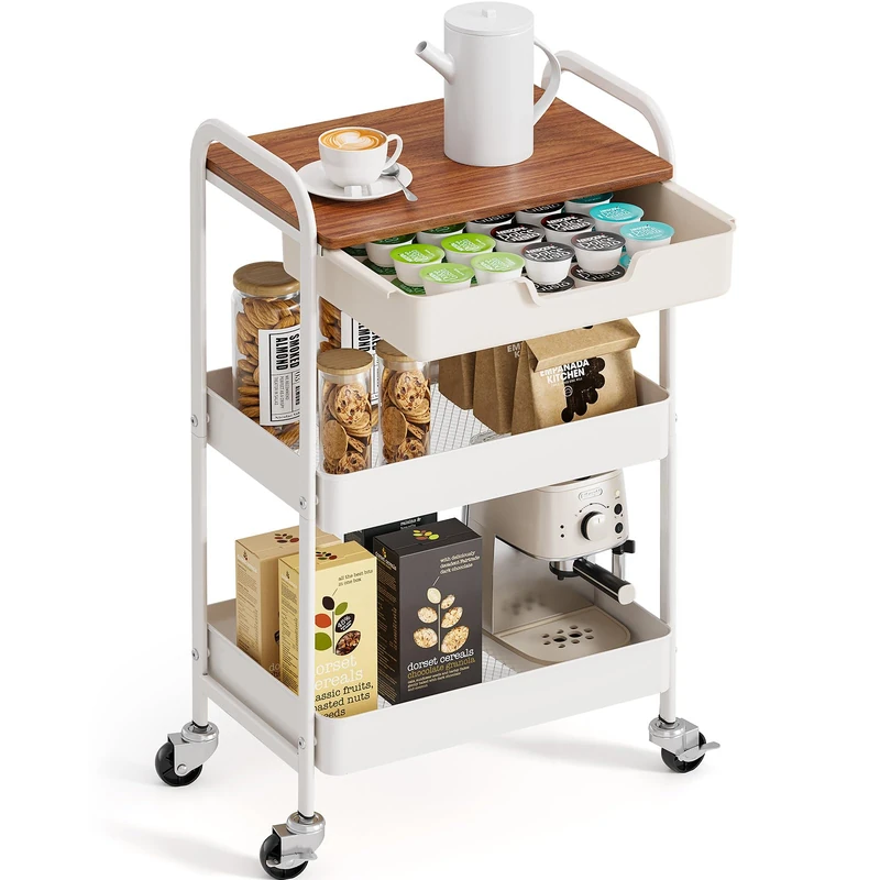TOOLF 3Tier Utility Rolling Cart with Wooden Board and Drawer3Tier Metal Rolling Storage Cart with HandleTrolley Kitchen Organizer with Locking Wheels for Library Office Classroom Home Bedroom white