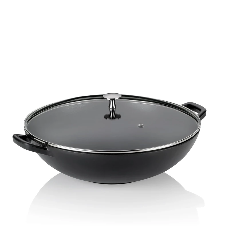 kela Calido 12475 Wok, Diameter 36 cm, 4 L, Cast Iron, Black, All-Hob Base, Rough Enamelled, Glass Lid with Stainless Steel Handle