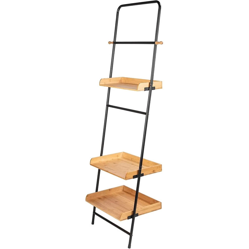 WENKO Loft Standing Shelf, Modern Wall Shelf with 3 Shelves and 2 Hooks Made of Sustainable Bamboo, Sturdy Tubular Steel Frame in Cool Industrial Design for Kitchen, Bathroom etc. 56 x 180 x 40 cm, - Image 1
