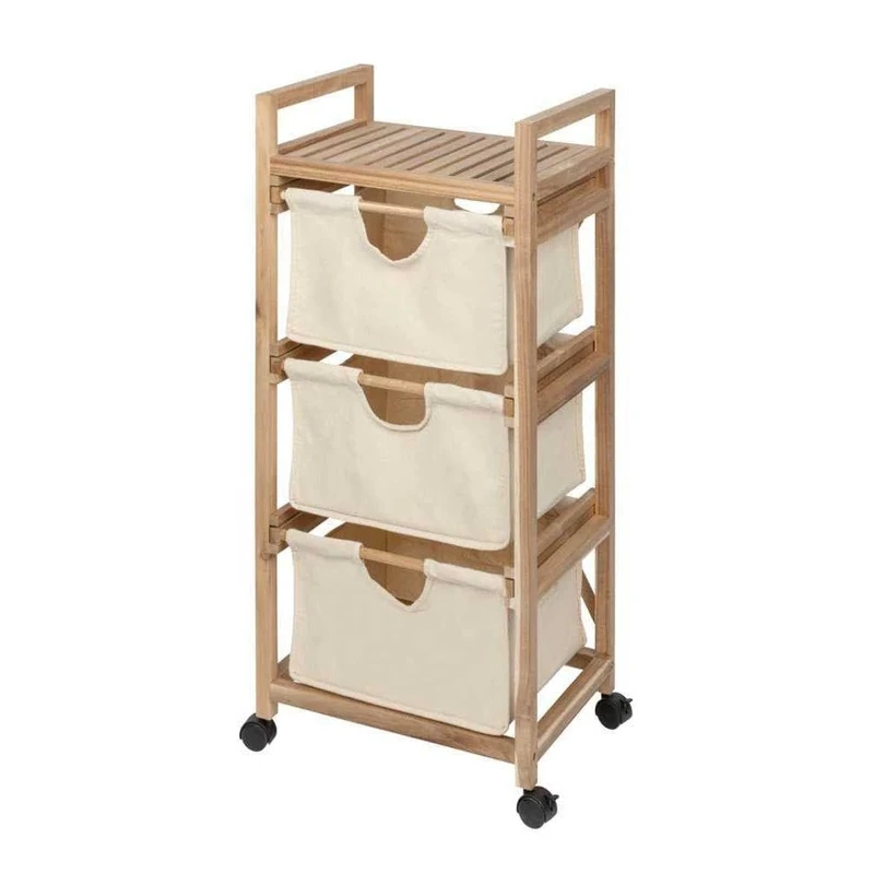 WENKO Acina Laundry Trolley with 3 Drawers, 4 Wheels and 2 Parking Brakes, Natural Acacia Wood, Ecologically FSC® Certified, Trolley with 3 Baskets, 43.5 x 96 x 33.5 cm