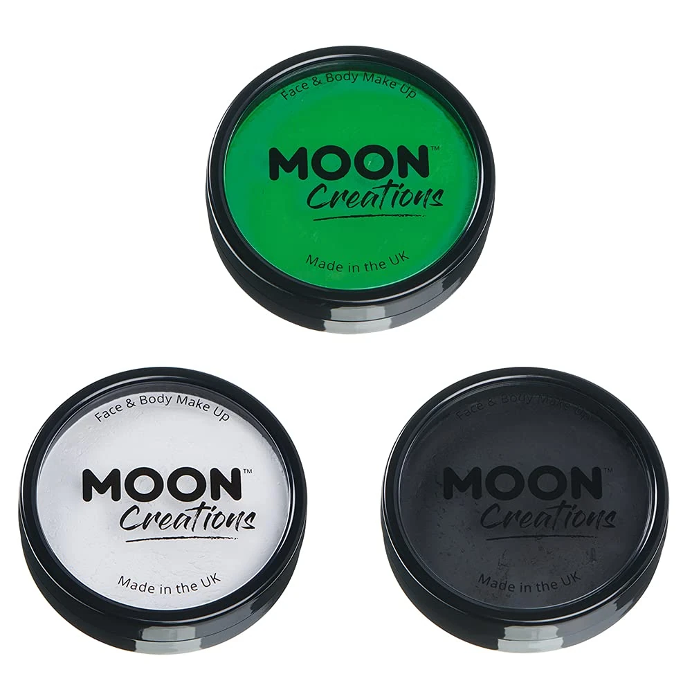 Moon Creations Pro Body & Face Makeup | Bright Green, White, Black Set | 36g | Professional Colour Paint Cake Pots for Face Painting | Kids, Adults, Fancy Dress, Festivals, Halloween