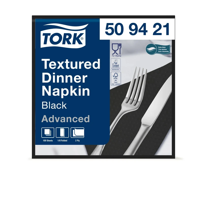 Tork 509421 Textured Black Dinner Napkin 1/8 Folded / 2 Ply Advanced Unprinted Serviette in Black / 12 x 100 Sheets (WxL: 9.7 cm x 19.5 cm)
