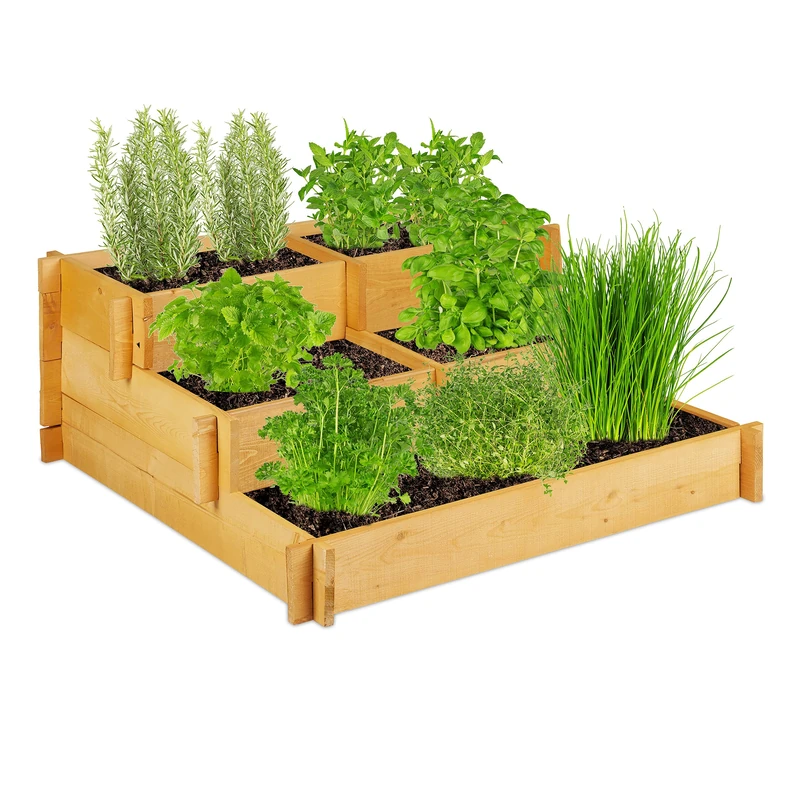 Relaxdays 3-Tier Raised Bed, Natural Wood, Planter Box, Garden, Plug-in System, Grow Zones, 93x93x37cm (LxWxH), 37x93x93 cm