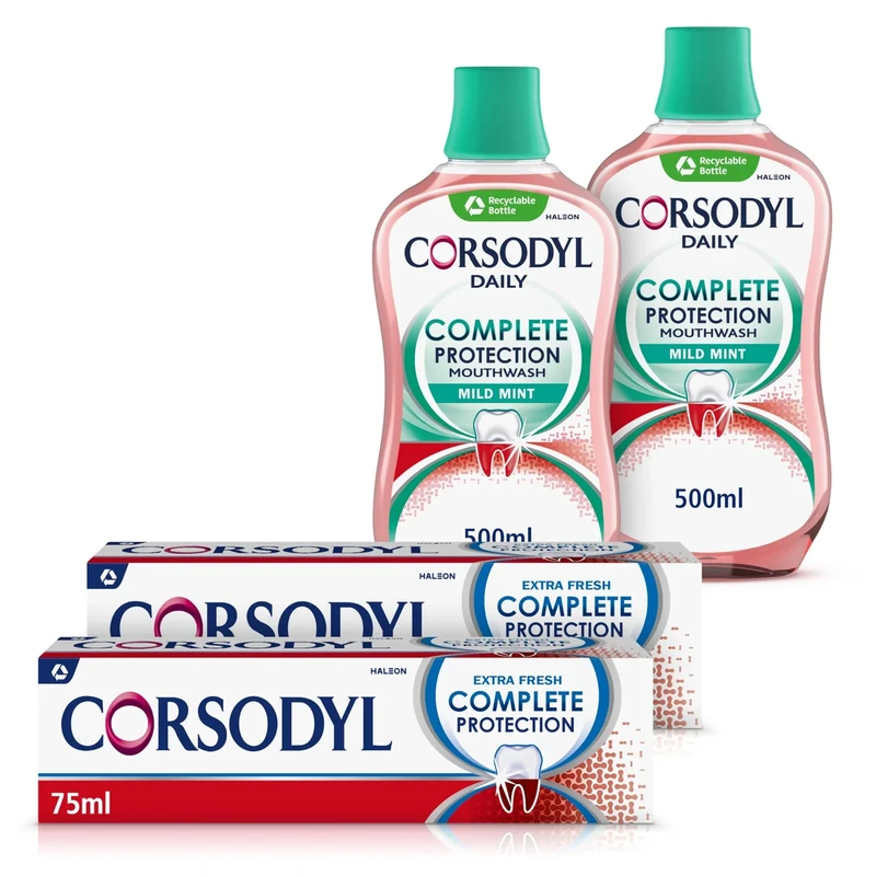 Corsodyl Complete Protection Bundle: 2X Complete Protection Extra Fresh Toothpaste 75ml & 2X Corsodyl Complete Protection Mild Mint Mouthwash