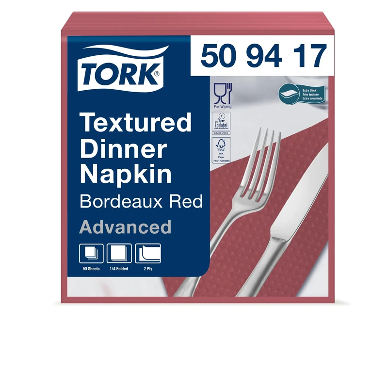 Tork 509417 Textured Bordeaux Dinner Napkin / 2 Ply Advanced Unprinted Serviette in Dark Red / 18 x 50 Sheets (WxL: 19.5 cm x 19 cm) - Image 1