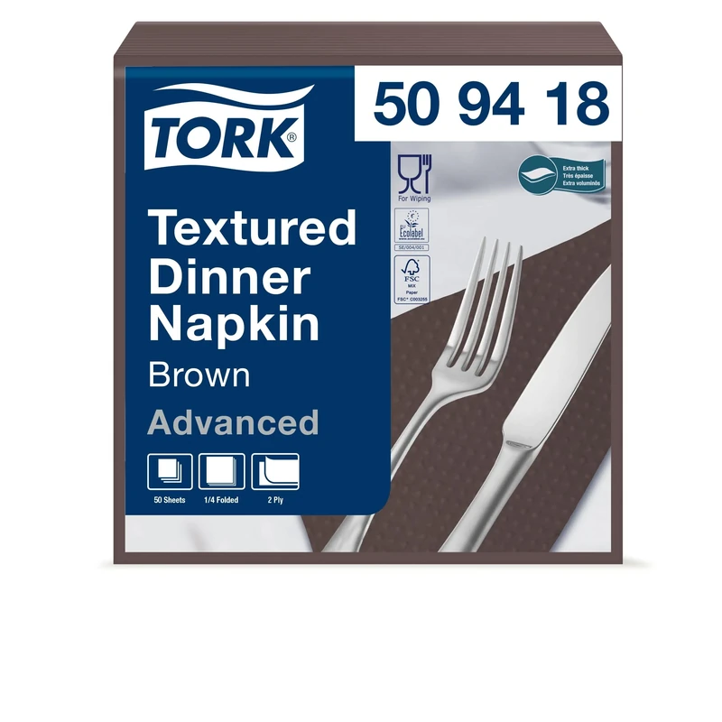 Tork 509418 Textured Brown Dinner Napkin / 2 Ply Advanced Unprinted Serviette in Dark Brown / 18 x 50 Sheets (WxL: 19.5 cm x 19 cm)