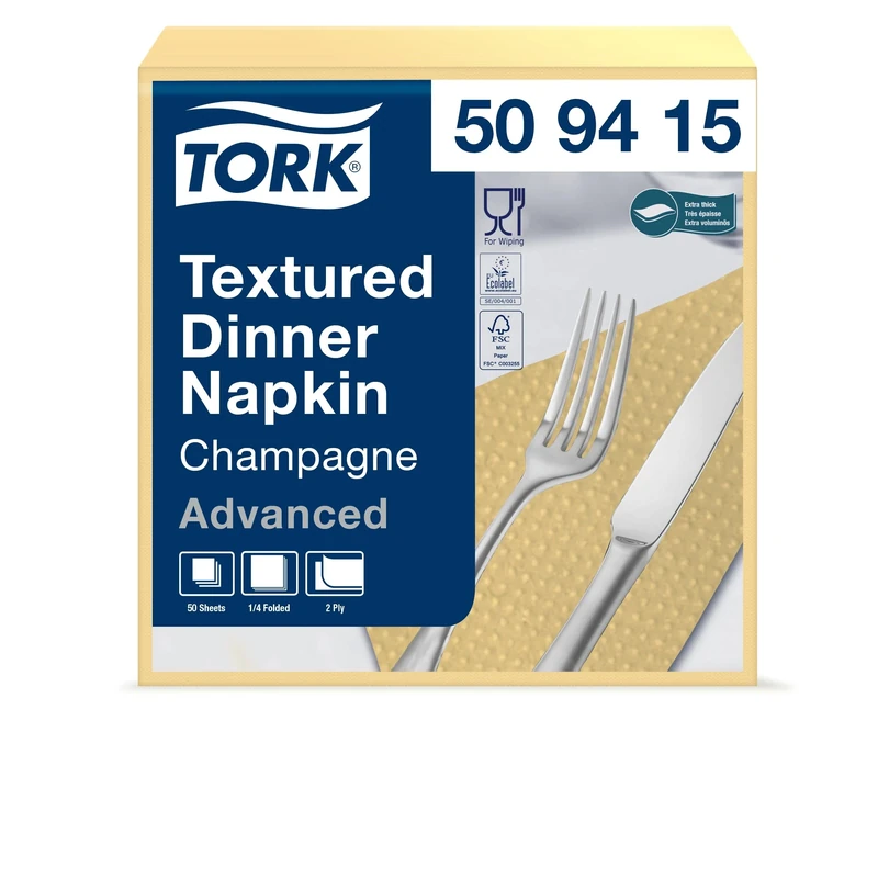 Tork 509415 Textured Champagne Dinner Napkin / 2 Ply Advanced Unprinted Serviette in Light Yellow / 18 x 50 Sheets (WxL: 19.5cm x 19cm)