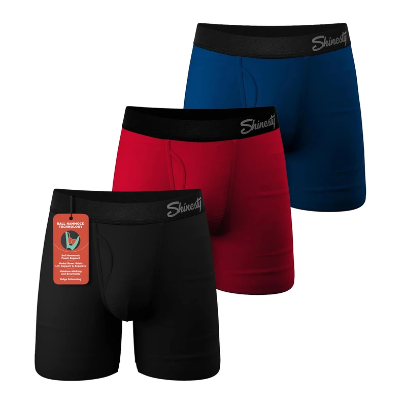 Shinesty Hammock Support Mens Pouch Underwear | Boxer Briefs with Fly | 3 Pack, Black/Red/Navy, L