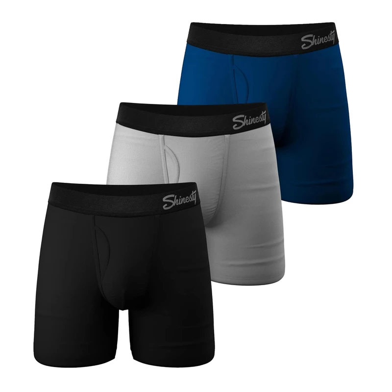 Hammock Support Mens Pouch Underwear | Boxer Briefs with Fly | 3 Pack, Black/Grey/Navy, XXL