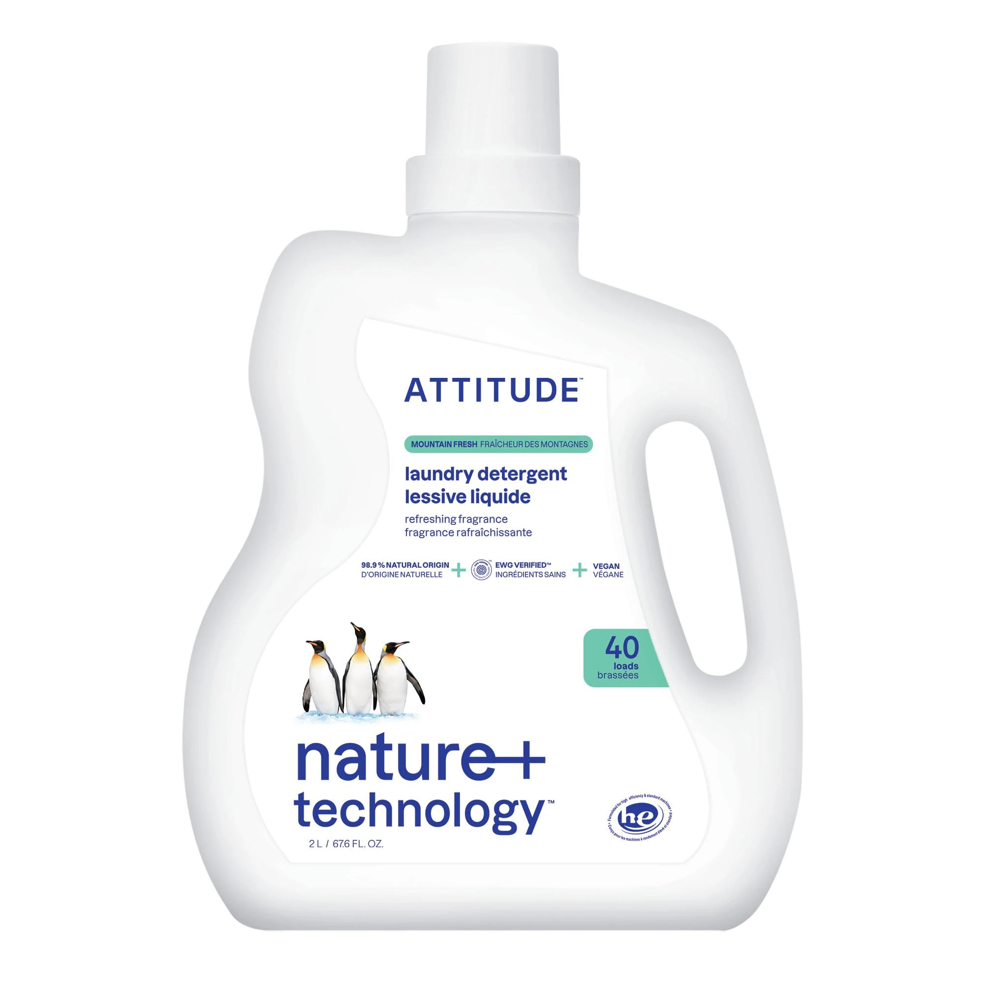 ATTITUDE Liquid Laundry Detergent, EWG Verified, HE Compatible, Plant-Based & Vegan, Natural Laundry Soap, Mountain Fresh Scent, 40 Loads, 2 Liters