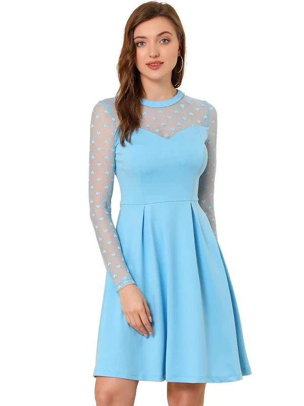 Allegra K Women's Heart Mesh Sheer Long Sleeve Gothic Cocktail Skater Party Short Dress, Light Blue, L