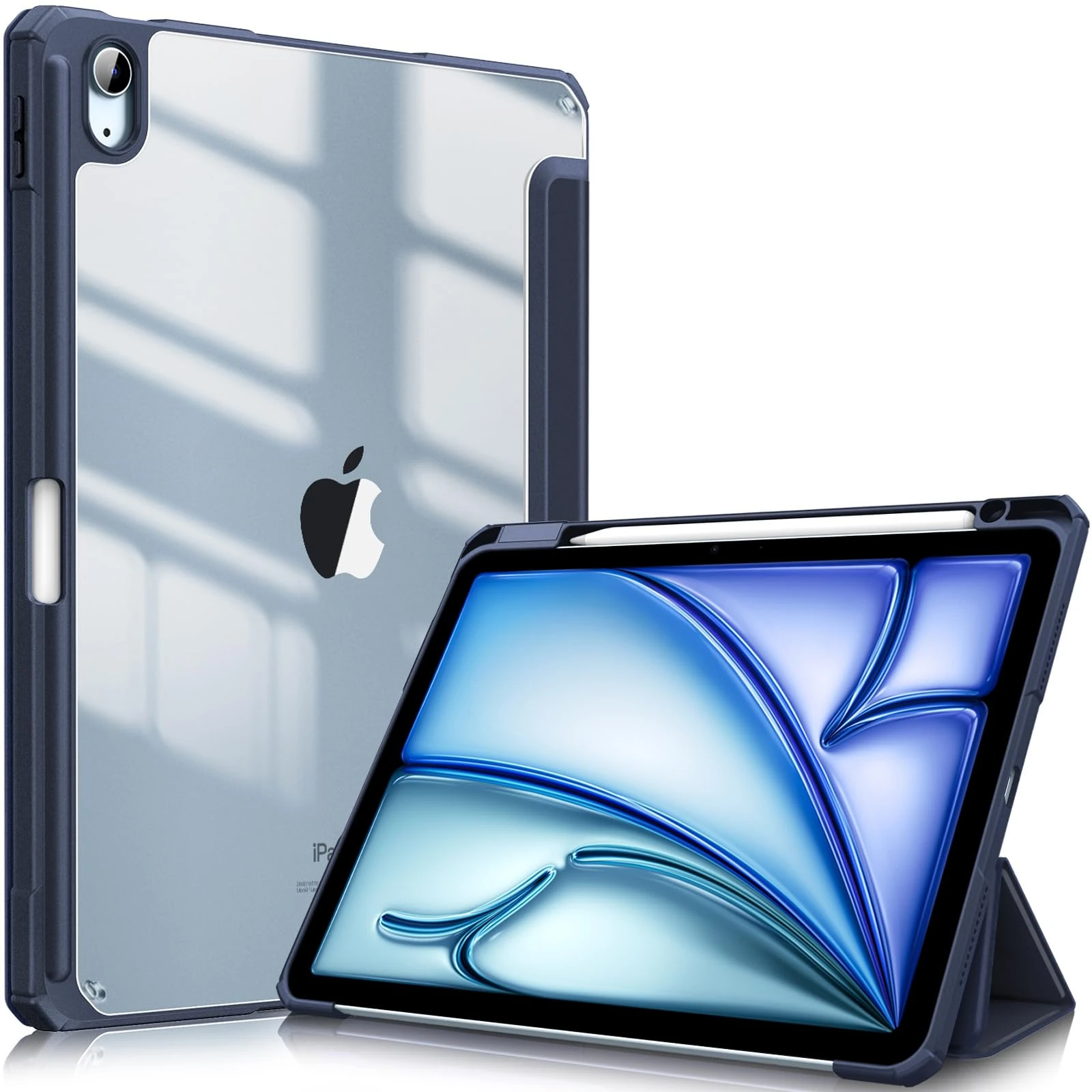 FINTIE Hybrid Case for iPad Air 11 Inch M3 (2025) / M2 (2024), iPad Air 5th / 4th Generation (2022/2020) - Shockproof Slim Clear Back Cover with Pencil Holder, Auto Wake/Sleep, Navy