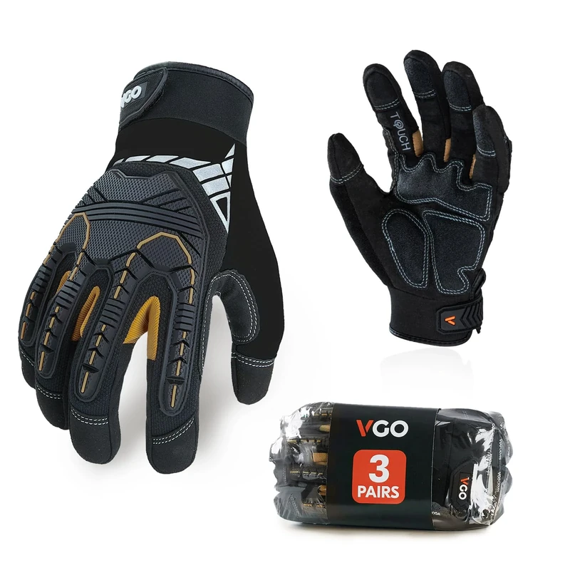 Vgo... 3pairs Safety Work Gloves Touchscreen, Anti Impact Heavy Duty Gloves Antivibration for Warehouse Trucker Carpenters Fitter Moto