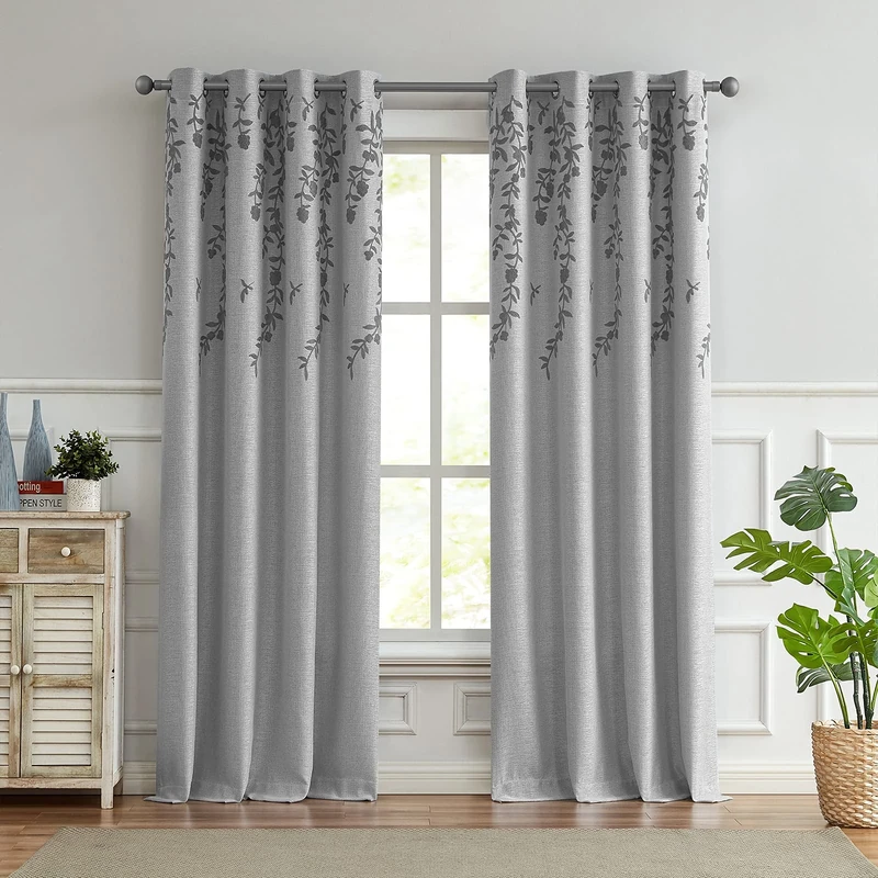 Melodieux Flower Embroidery Wide Curtains Faux Linen Room Darkening Curtains for Living Room Patio Door Large Window Grommet Curtain Grey Flower, 100 x 84 Inches (1