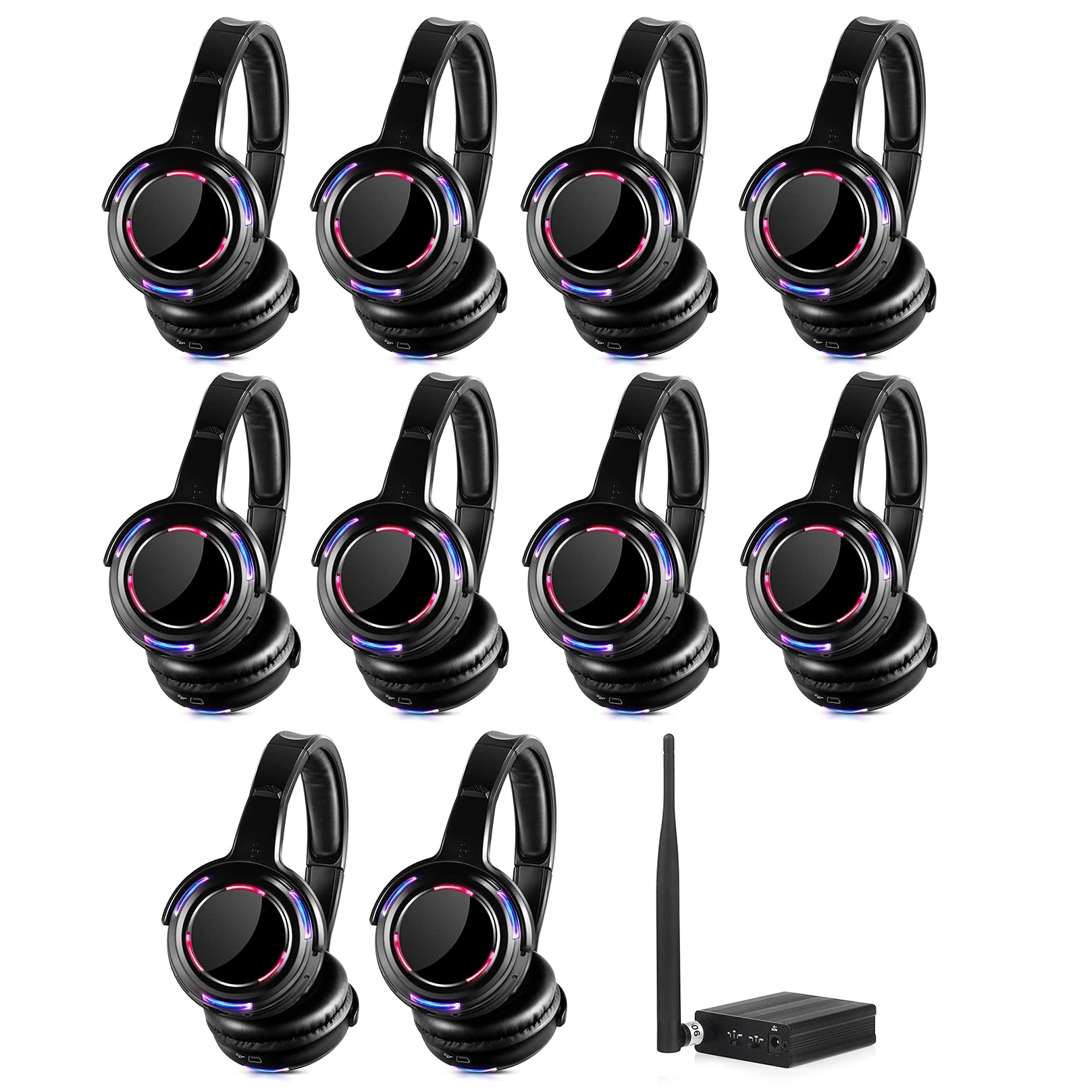 AYVVPII 10pcs Bundle Wireless Silent Disco LED Flashing Light Headphones with 1 Transmitter 500m Distance