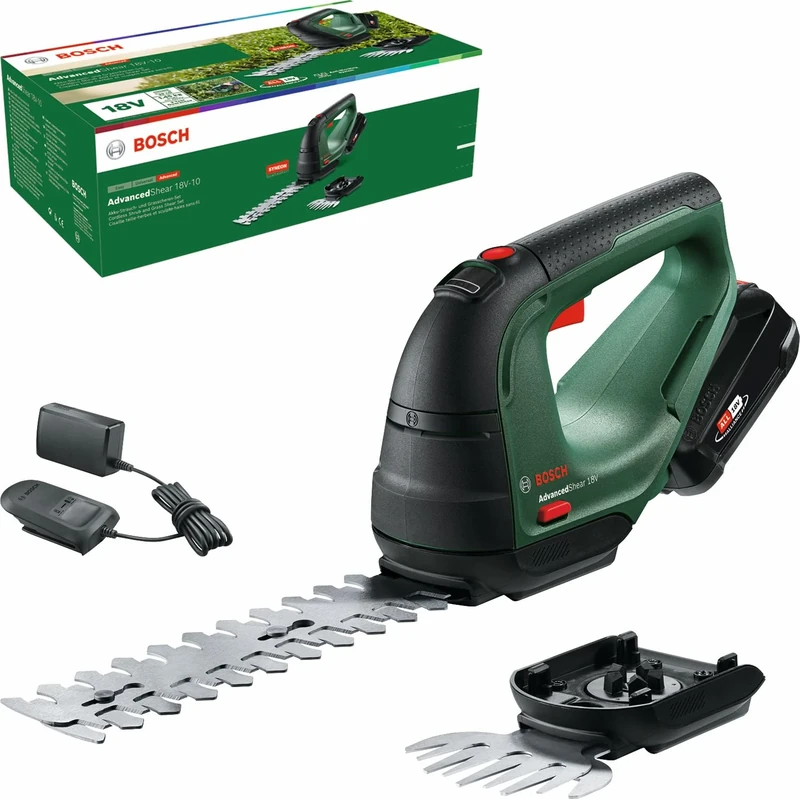 Bosch AdvancedShear 18V-10 Cordless Grass Shears (1 Battery 2.0 Ah, 18 Volt System, Cuts up to 85 m² per Battery Charge, with Shrub and Grass Shear Knife, in Box)