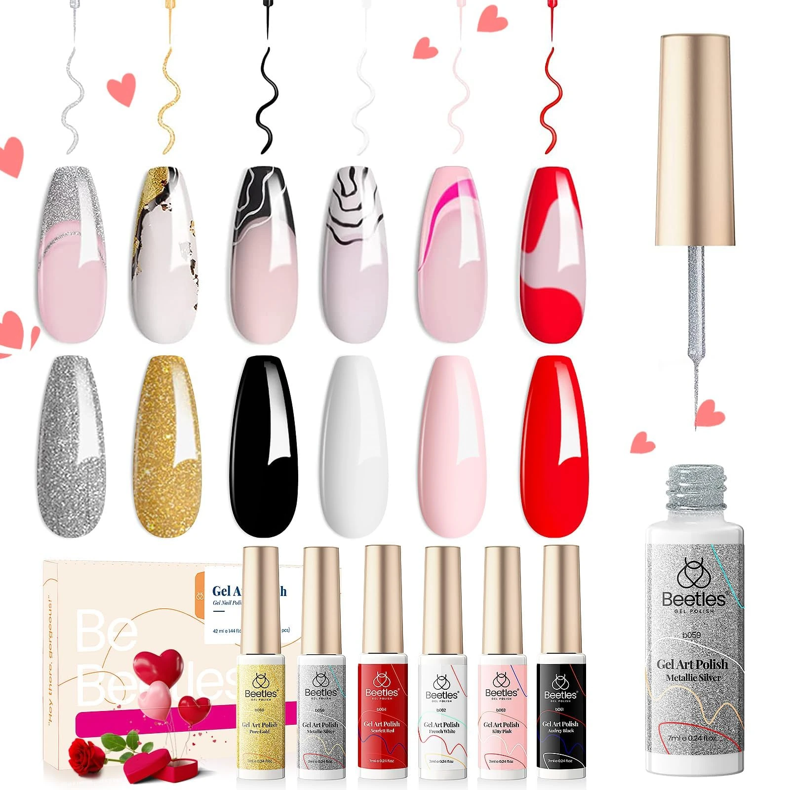 Beetles Gel Nail Polishes-6 Nail Art Gel Liner Set Black White Red Colors Gel Art Paint for Nails Built Thin Nail Art Brush in Gel Pens Soak Off Gold Silver Glitters Nail Art Manicure Kit