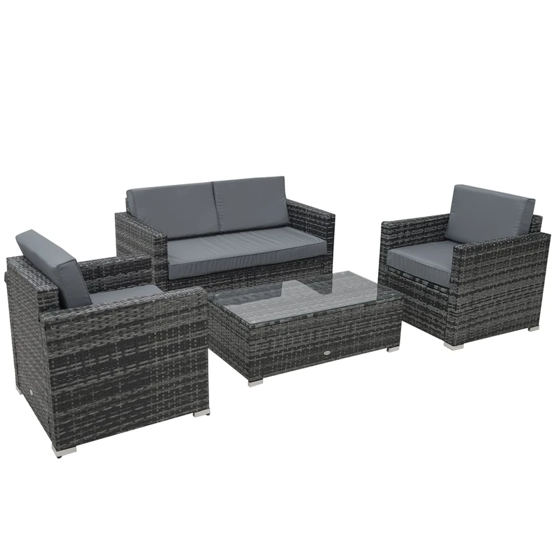 Outsunny 4 Pieces Outdoor PE Rattan Sofa Set with Cushions, Patio Wicker Conversation Furniture Set with Glass Top Coffee Table, Mixed Grey