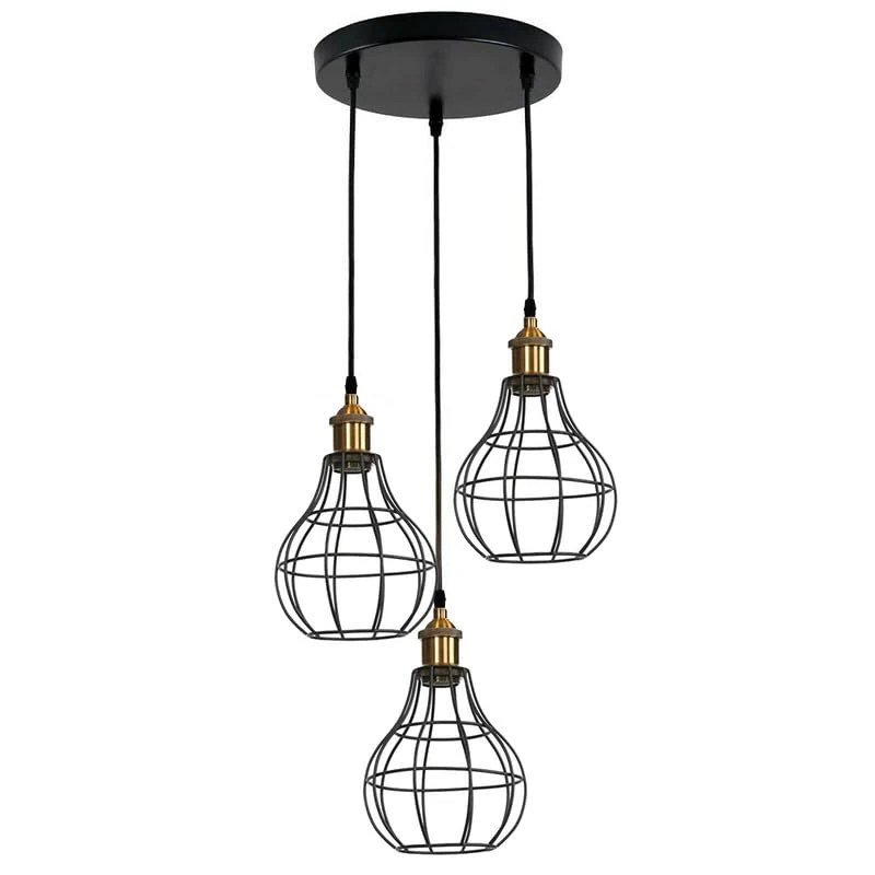 LEDSone Modern Retro 3 Way Ceiling Pendant Light Cluster Light Fitting Black Vase Cage Lampshade Style Home Yellow Brass E27 Lighting Kit - 1 Pack