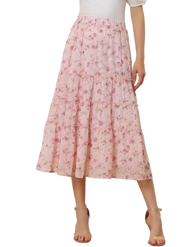 Allegra K Women's Floral Skirt Chiffon A-line Long Tiered Ruffle Boho Summer Midi Skirts, Pink, M