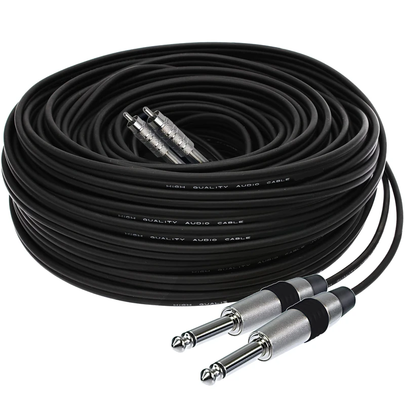 1STec 50m Professional Grade Extra Long Audio Lead with 2 x 6.3mm Jack to 2 x RCA Male Phono Plugs for Stereo or Mono Signal Extension Active Subwoofer Speaker to Mixing Desk Transfer 50 Metre