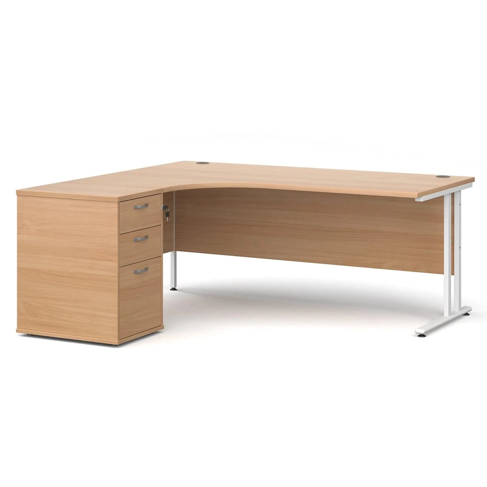Maestro 25 Desk Bundle - Left Hand Ergonomic Desk & 3 Drawer Pedestal with White Cantilever Legs, Beech, 180 x 120 cm