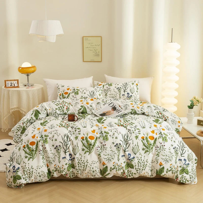 ECOCOTT 3 Pieces Duvet Cover Set 100% Natural Cotton 1 Duvet Cover with Zipper and 2 Pillowcases, Ultra Soft and Easy Care Breathable Cozy Simple Style Bedding Set (Floral Pattern, Queen)