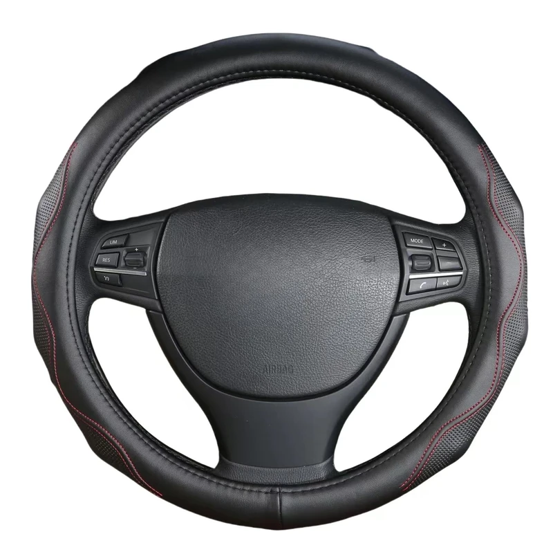 Leather with Silicone Steering Wheel Cover (Black-red Stitching, 15 inch)