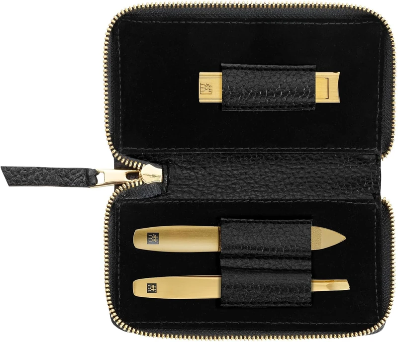 ZWILLING Manicure Set (3 piece, black genuine leather case, care for hands and feet, travel set, with nail clipper), Premium, Gold Edition